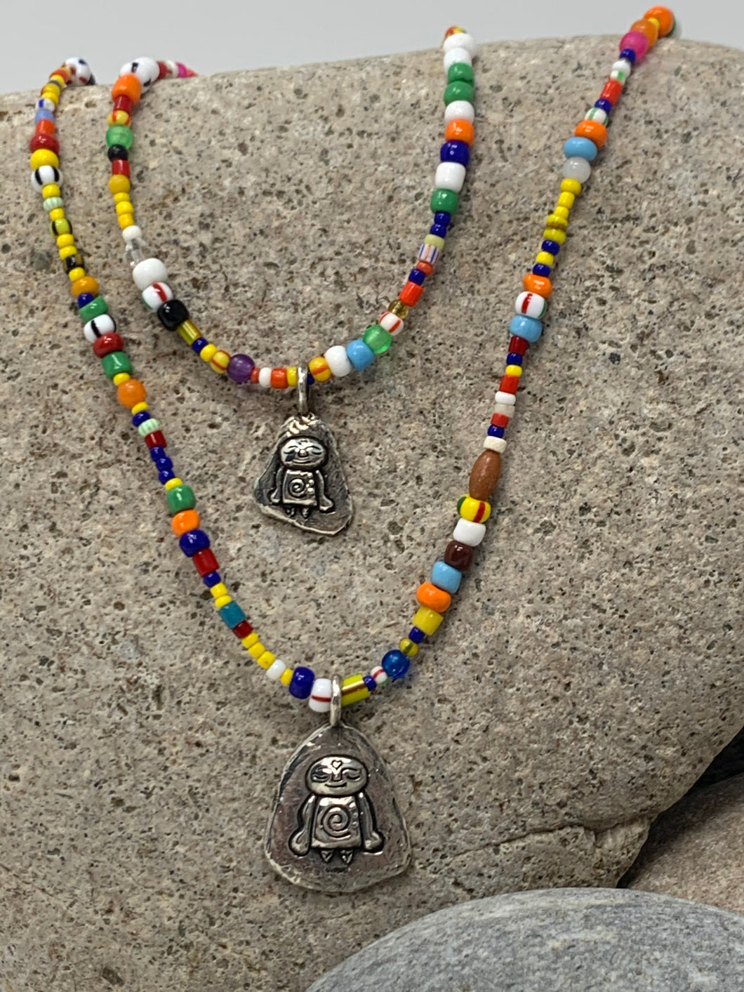ॐ Sterling Jizō Necklaces on Rainbow Vintage Beads